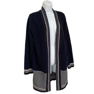 SUNCOO PARIS WOOL OPEN FRONT SWEATER Cardigan Navy Metallic Striped Medium